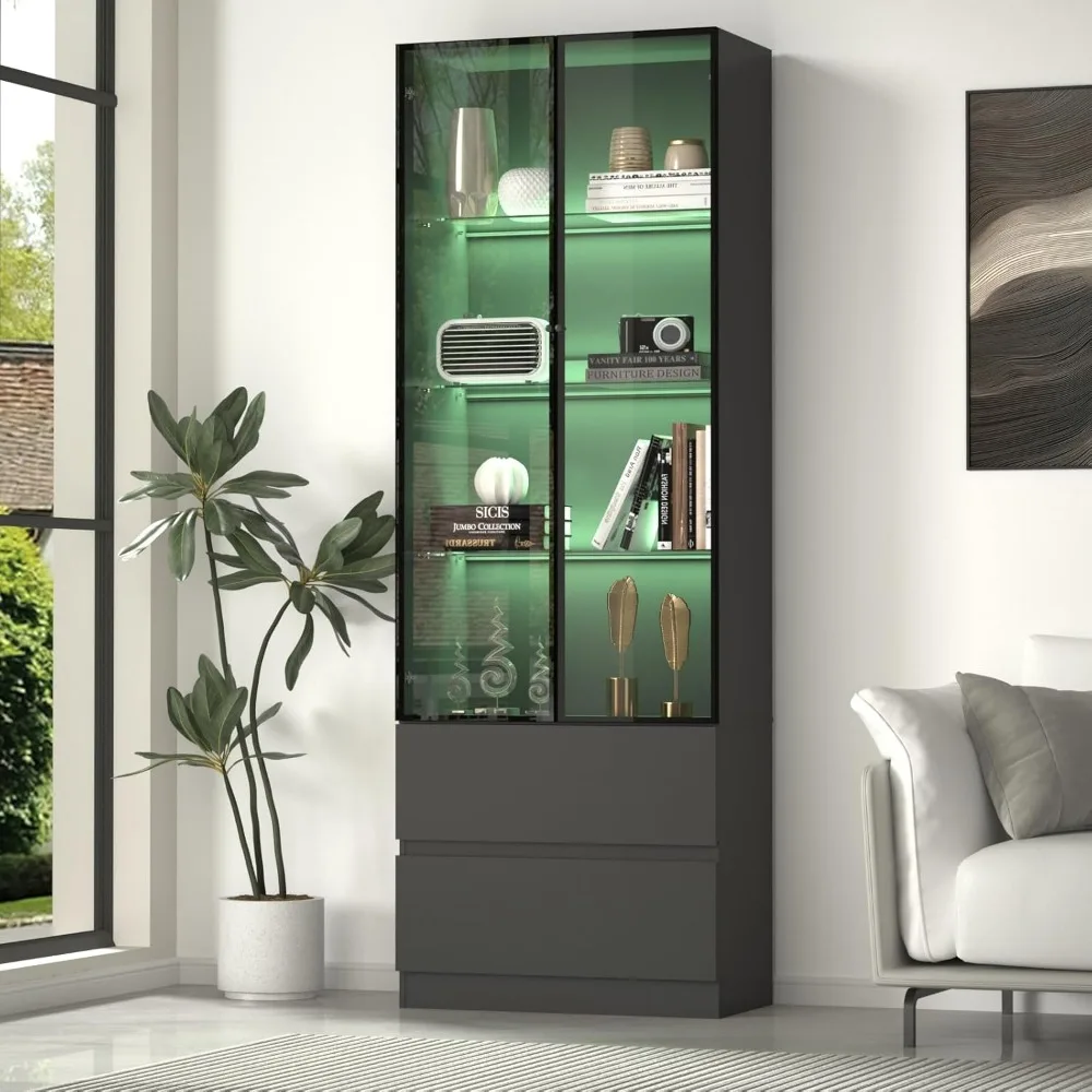 Glass Display Cabinet with LED Lights, Display Cabinet with 2 Glass Doors,Storage Cabinet with 4 Adjustable Shelves and 2 Drawer