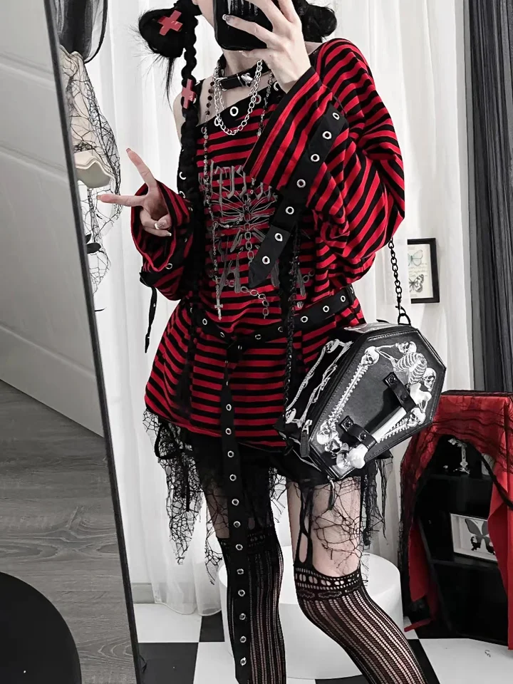 Harajuku punk listrado impressão t camisas y2k gótico meninas fora