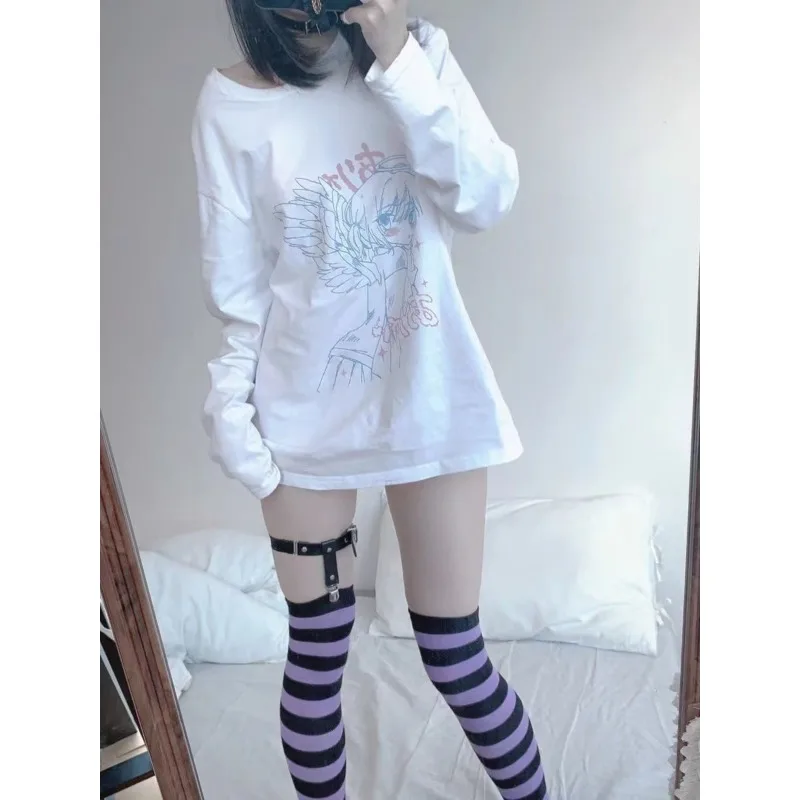 Japanese Subculture Y2k Long-sleeved Women\'s T-shirt Basic Gothic Shirts Spring Autumn 2024 Loose Black Casual Anime Hoodies