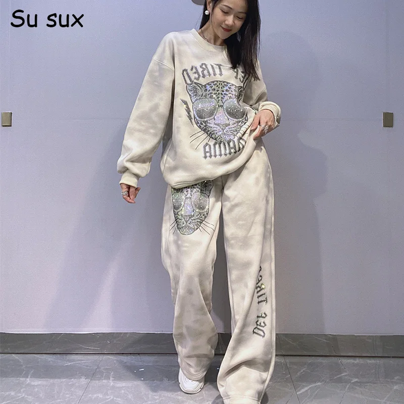 

2025 зимние флисовые брюки с леопардовой головой и принтом тай-дай, женские наряды, утолщенный повседневный пуловер, толстовка с длинными рукавами, комплекты из 2 предметов