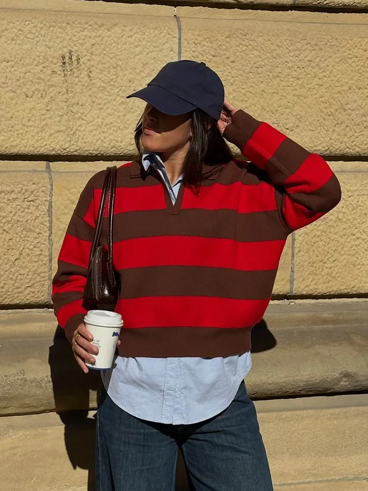 

HH Woman Fashion Streetwear Loose Lazy 2-color Polo Collar Stripe Knitted Sweater Women Autumn Long Sleeve Slim Pullover Top