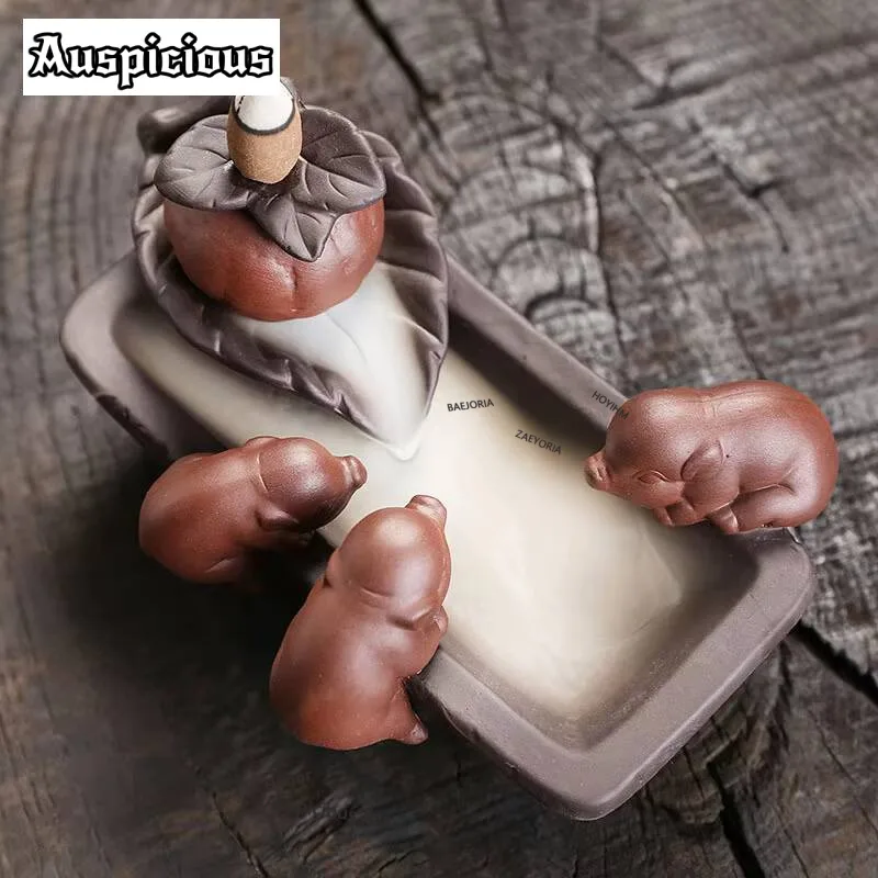 Ceramic Handicraft Lucky Pig Home Ornaments Waterfall Backflow Incense Burner Incense Holder Purple Clay Censer Without Incense