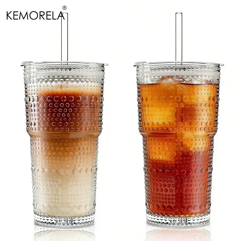 600ML Hobnail-Glasbecher mit Deckeln und Glasstrohhalmen, 1/2 Stück dickwandige Glastumbler für Eiskaffee, Smoothies, Milch, Wasser, Saft