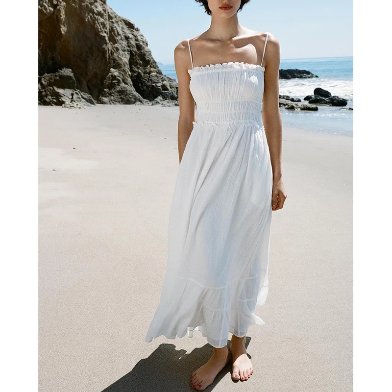 Vestido Midi F de Verão com Decoração Bordada em Camadas, Gola Solta, Estilo ter, Cintura Alta em Fibra de Poliéster