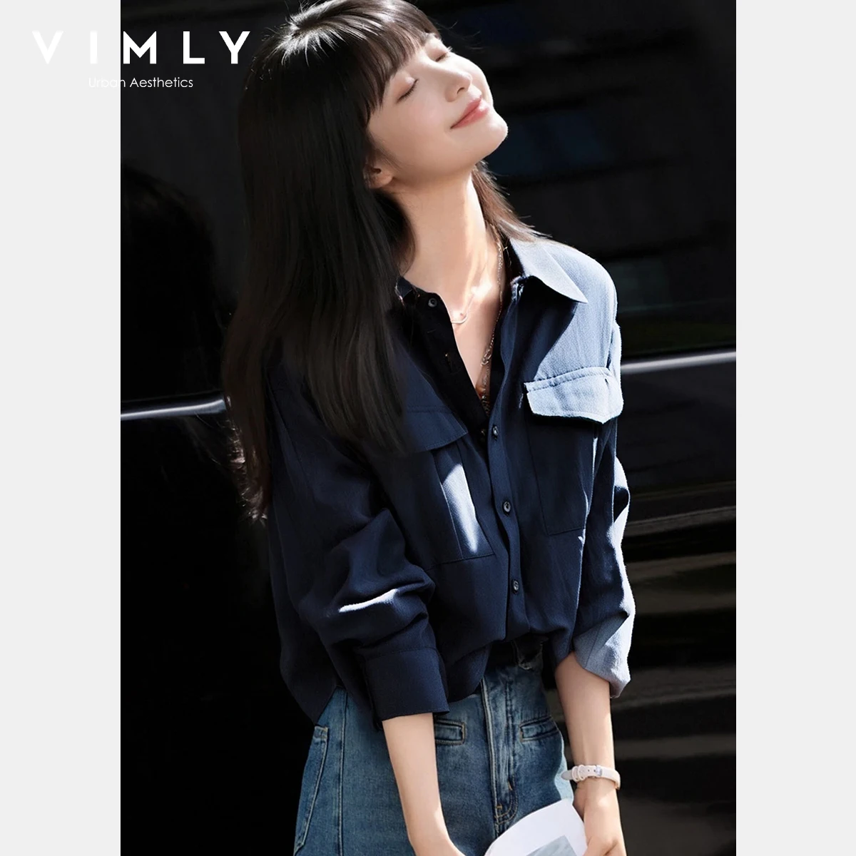 

VIMLY French Casual Women's Shirt Autumn 2025 Long Sleeve Design Blouses Turn-down Collar Shirts Pockets Female Clothing M8312