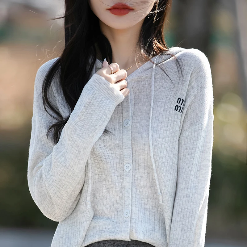 2025 Spring and Autumn women's cashmere cardigan hooded cardigan knitted sweater cardigan fashionable cashmere sweater jacket