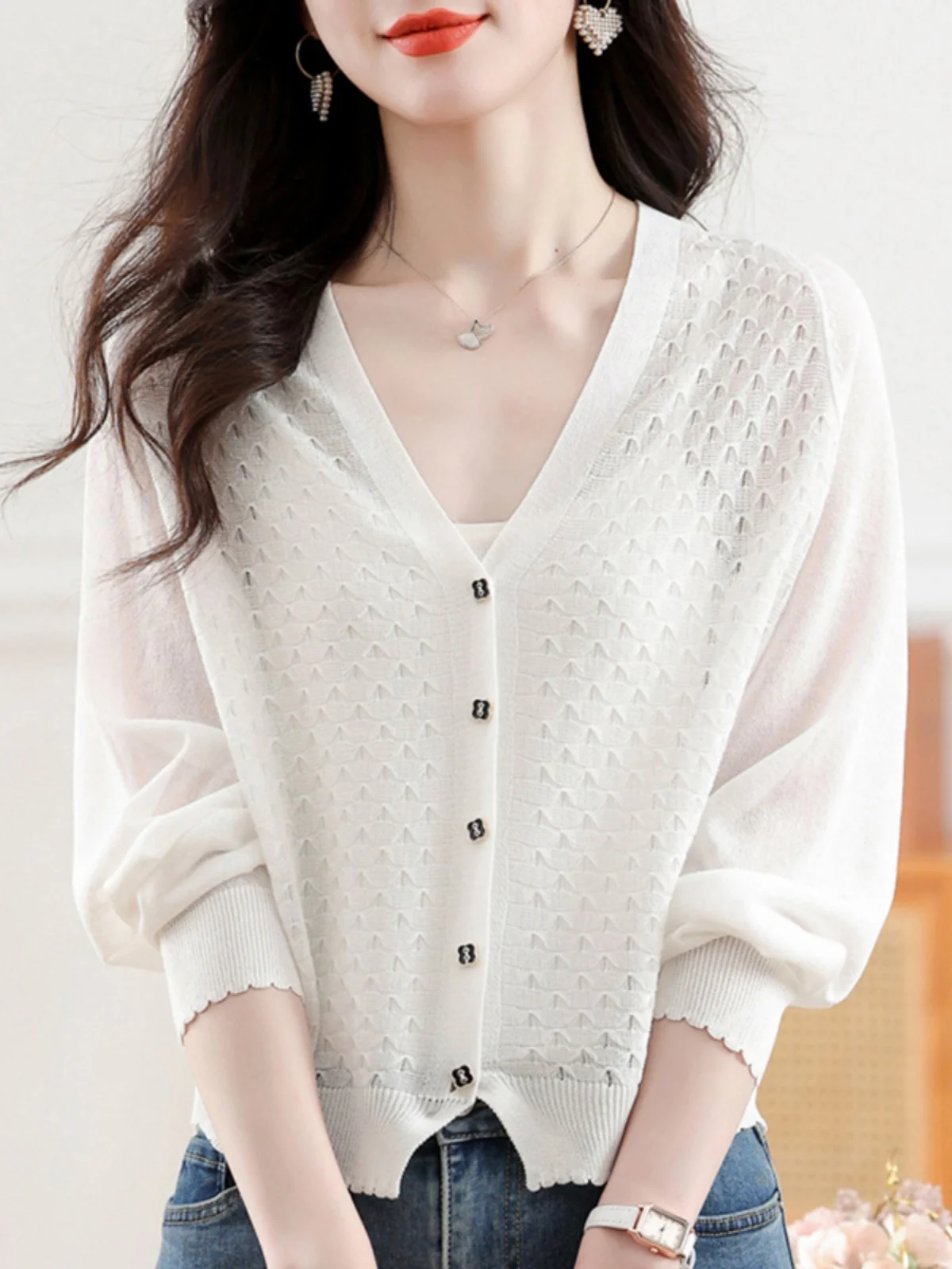 

High Quality Bat Sleeve Knitted Cardigan for Women's Summer Thin Loose V-neck Air-conditioned Shirt Top Shawl Short Jacket