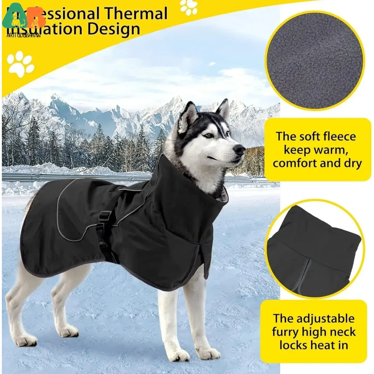 ATUBAN Dog Jacket Waterproof Dog Raincoat Cold Weather Reflective Jacket with Soft Fleece Lining Warm Outerwear for Pet Outdoors