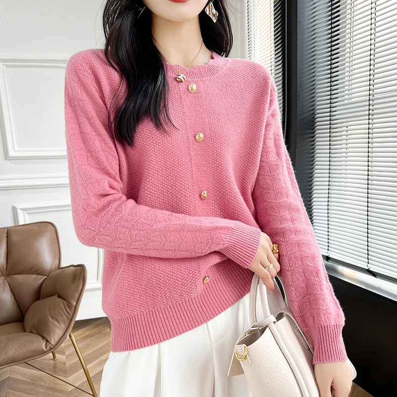 Women's Pullover Autumn/Winter 100% Wool Sweater Casual Solid Knit Sweater Round Neck Loose Tops Fashion Korean Hollow Blouse