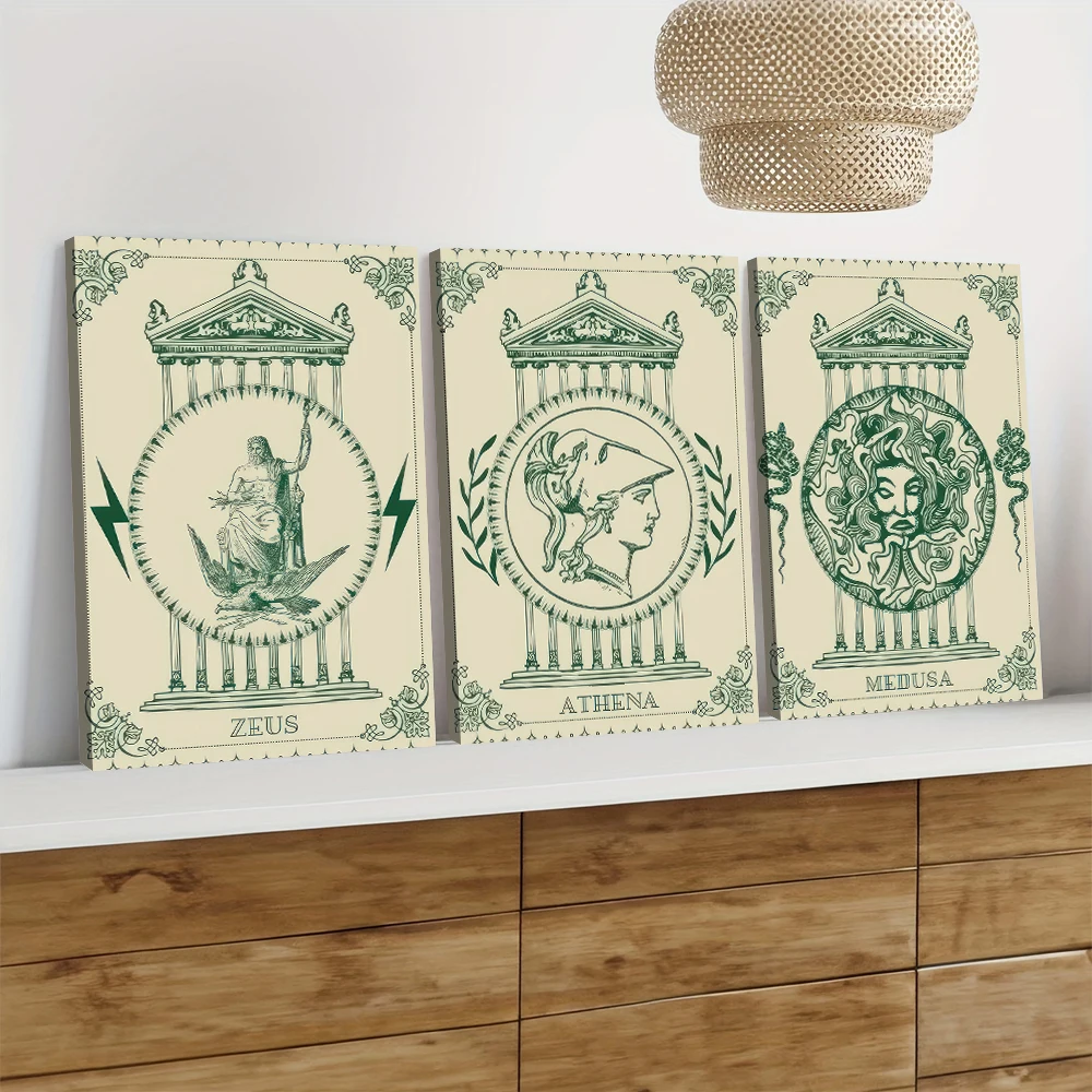 3 pieces of canvas decorative paintings of the Zeus throne in Greek mythology, retro green style, neoclassical architectural sty