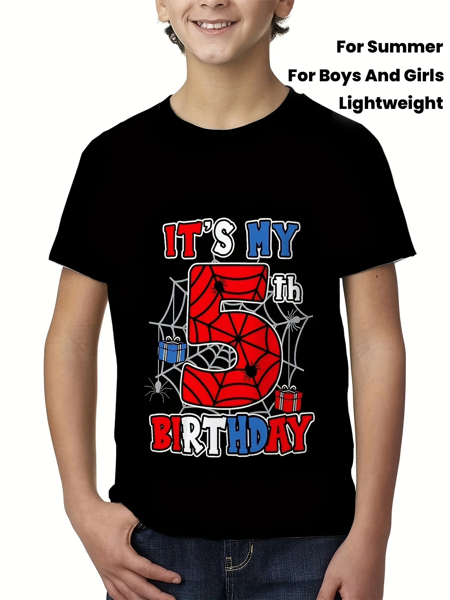 

Kids Spider Web Birthday T-Shirt - Black, "It'S My 5th Birthday" Design, Lightweight Polyester Blend, Casual Round Neck Tee f