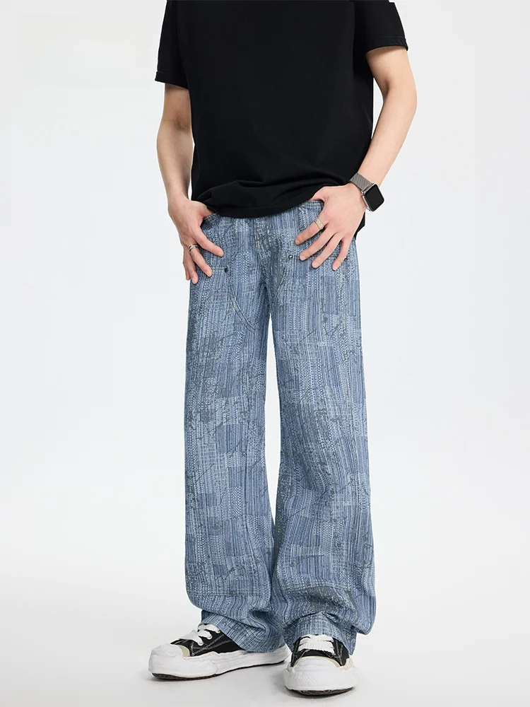 

JFU Spring New American Retro Splaed Ink Print Straight Leg Loose Casual Wide Leg Long Jeans Men's Faion Summer Trend
