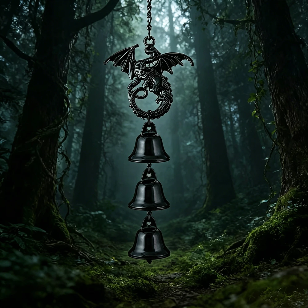 1pc Black Dragon Metal Wind Chime Chain Chimes with 3 Bells Bat Charms Decro Hanging Ornament for Courtyards Holiday Decorations