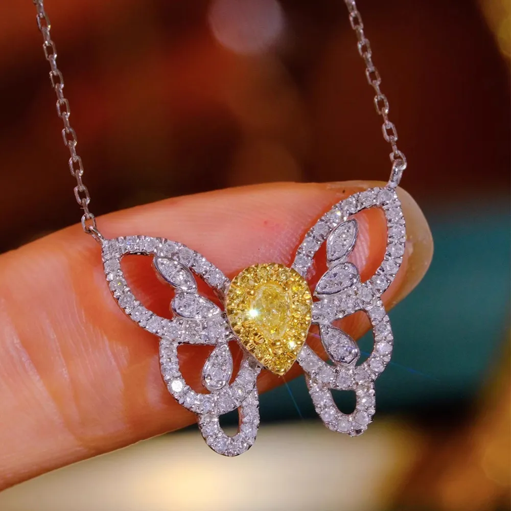 High Grade Chic Gemstones Zircon Diamonds Butterfly Jewelry Sets for Women Wife Birthday Gift White Gold Silver Pendant Necklace