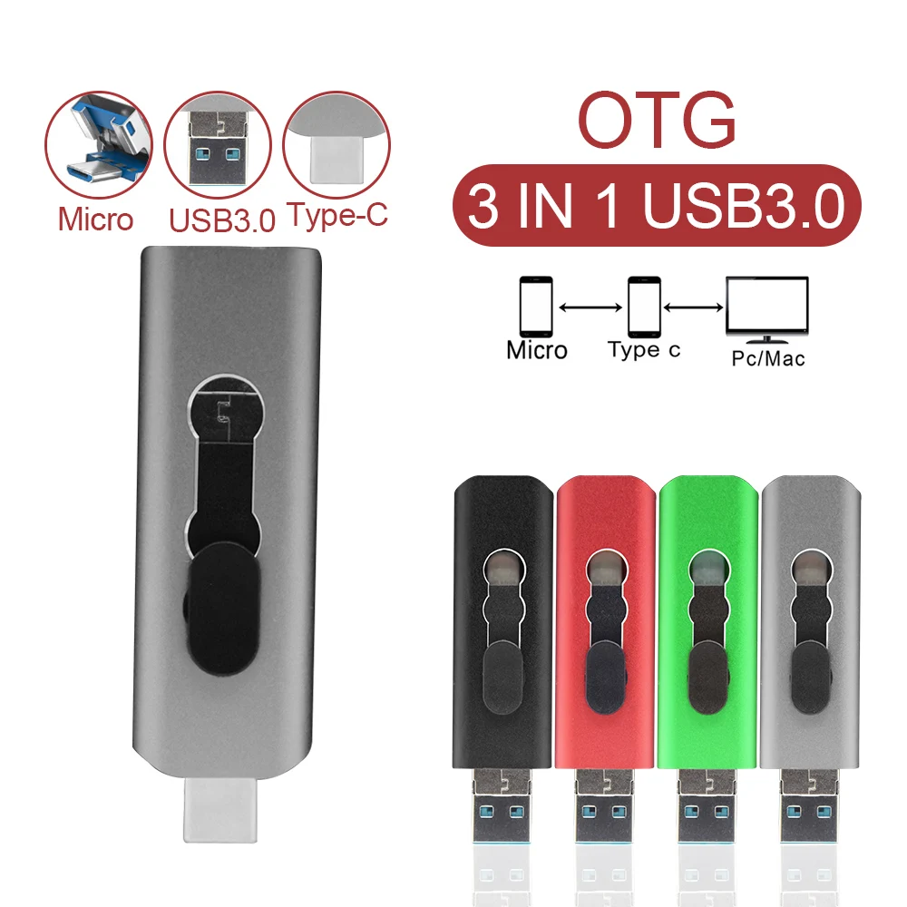 USB 3.0 Ổ Đĩa Flash 3 Trong 1 Pendrive 64GB 128GB Ổ Bút Cho Loại C Android 8GB 16GB 32GB 256GB Lưu Trữ Ngoài Tùy Chỉnh Logo