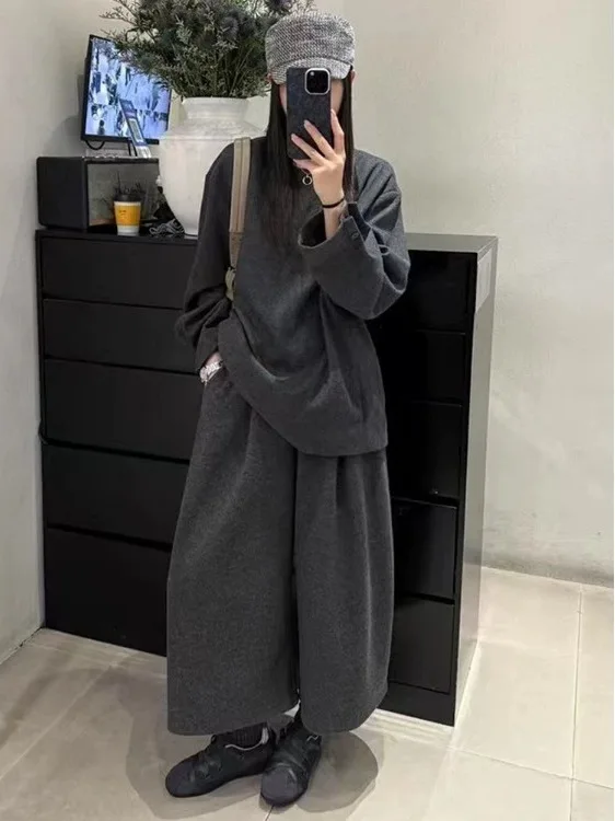 ay الصوفية السراويل واسعة الساق المرأة عالية الخصر مستقيم قطع فضفاضة تناسب عارضة الخريف الشتاء Faion زائد حجم السراويل