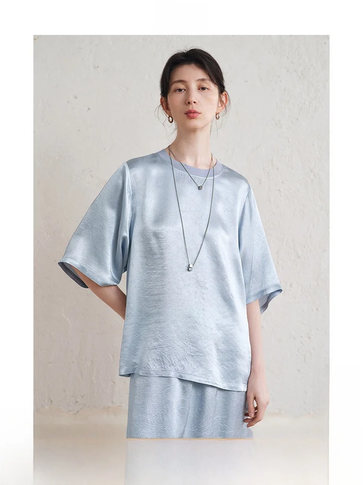 

Ltyp Travel Original 100% Acetate Loose Wrinkle Feel Short Shirt Women Summer Casual Style Split round Neck Regular Fit