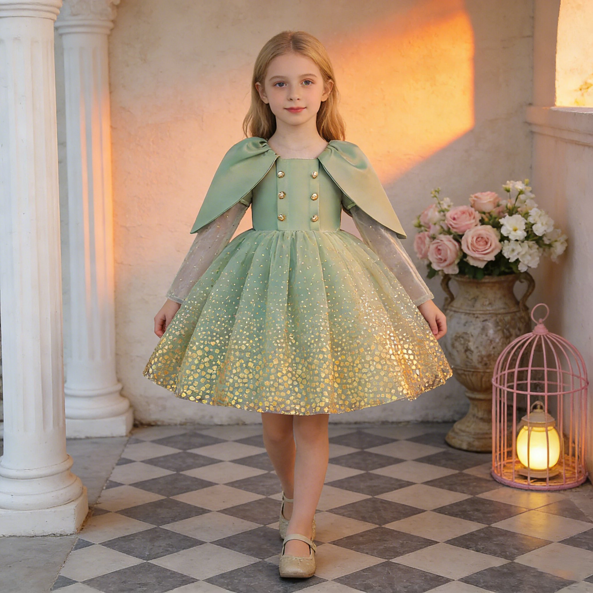 Fashion Sequin Party Girls Dress Elegant Bow Wedding Birthday Princess Prom Dresses Girl Tulle Bridesmaids Evening Kids Clothing