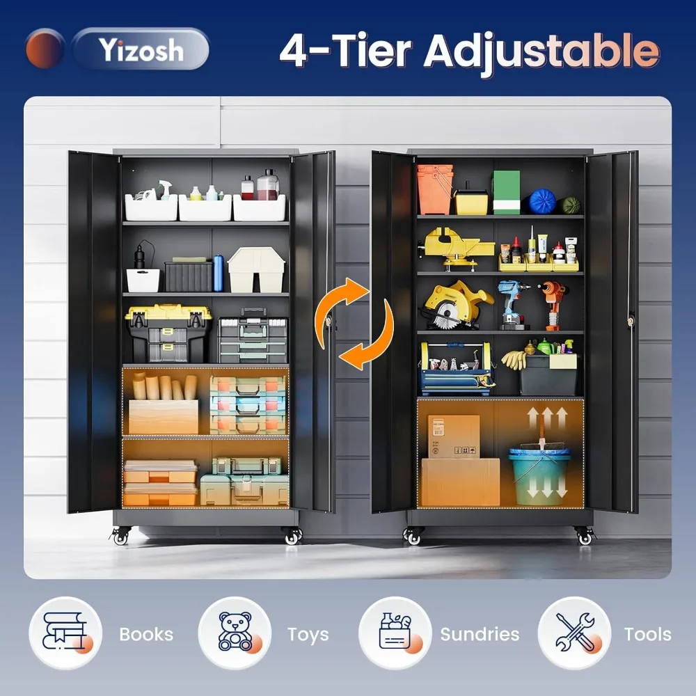 Adjustable-shelf Steel Storage Cabinet with Locking Doors, 75 Rolling Tool Cabinet for Home/Office Use