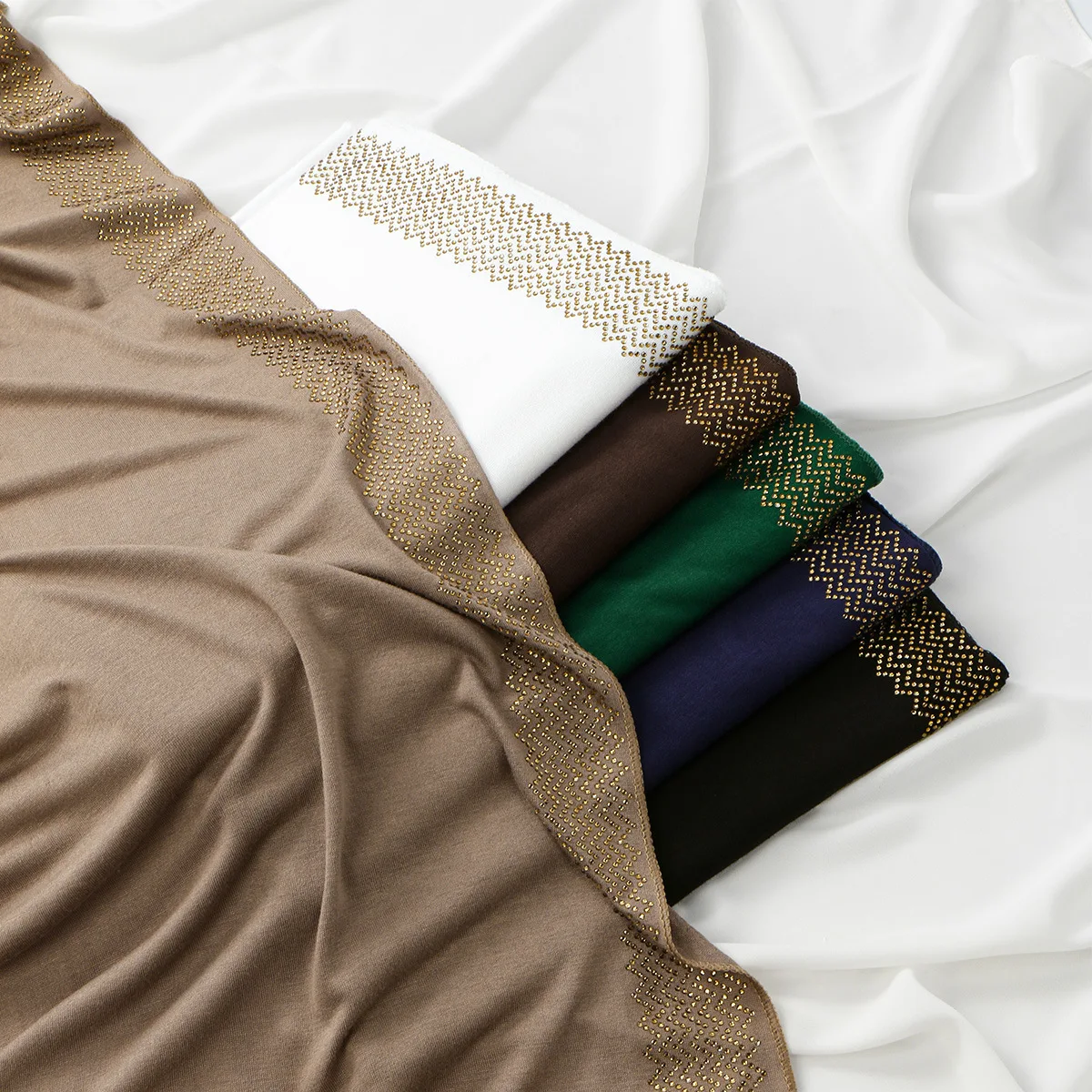 New Solid Rhinestone Mercerized Cotton Long Scarf for Women, Ethnic Style Versatile Headwrap, Simple Fashion Cross Border