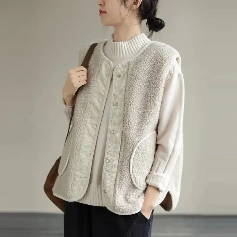 

Women's V-neck Oversized Corduroy Patchwork Vintage Vests Autumn Winter All-match Solid Color Sleeveless Button Cardigan Coats