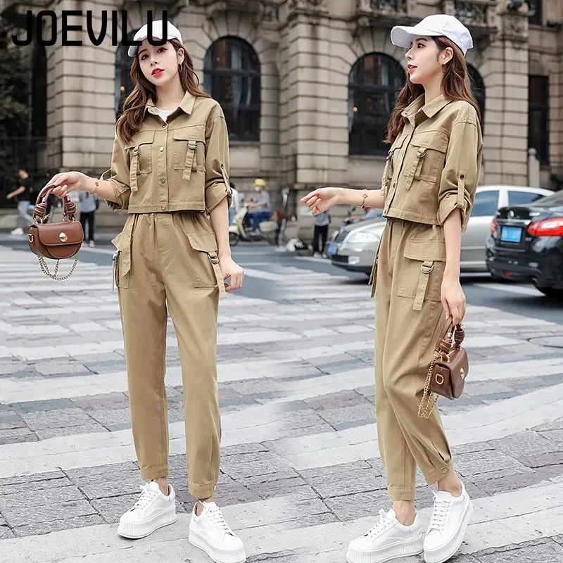 JOEVILU 2PCS Streetwear Tracksuit Cargo Coat Casual Pants 2 Piece Sets Women\'s Outfits Spring and Autumn Korean Fashion Y2k Suit