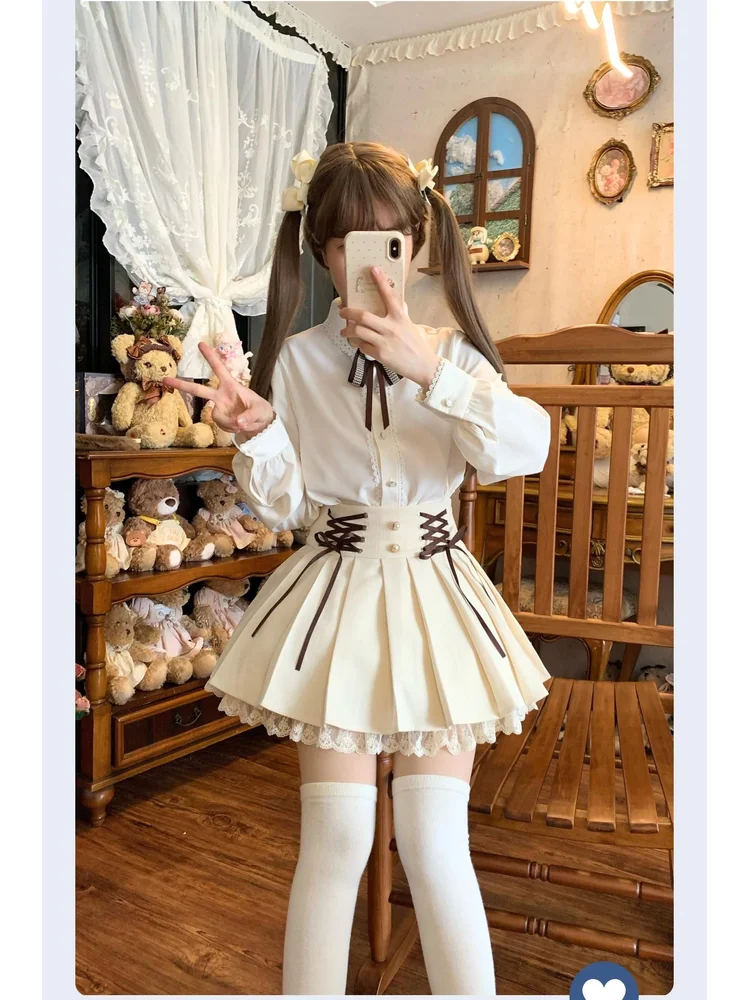 Original Mocha Milk Bubble Lolita Sweet Girl Coat Top Half Skirt Shirt Set Retro Style 2025 New Style