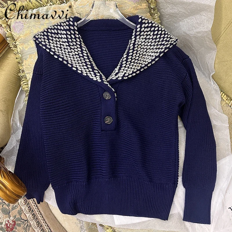 

2024 Autumn and Winter New Heavy Full Diamond Navy Collar Knitted Top French Fashion Elegant Loose Long Sleeve Pullover Sweater