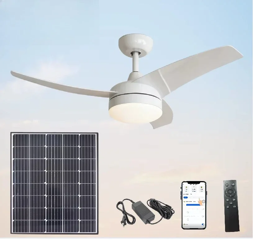 42 Inch Solar Ceiling Fan DC Motor 60W Solar Panel App-Controlled Remote Control Electric Outdoor Plastic