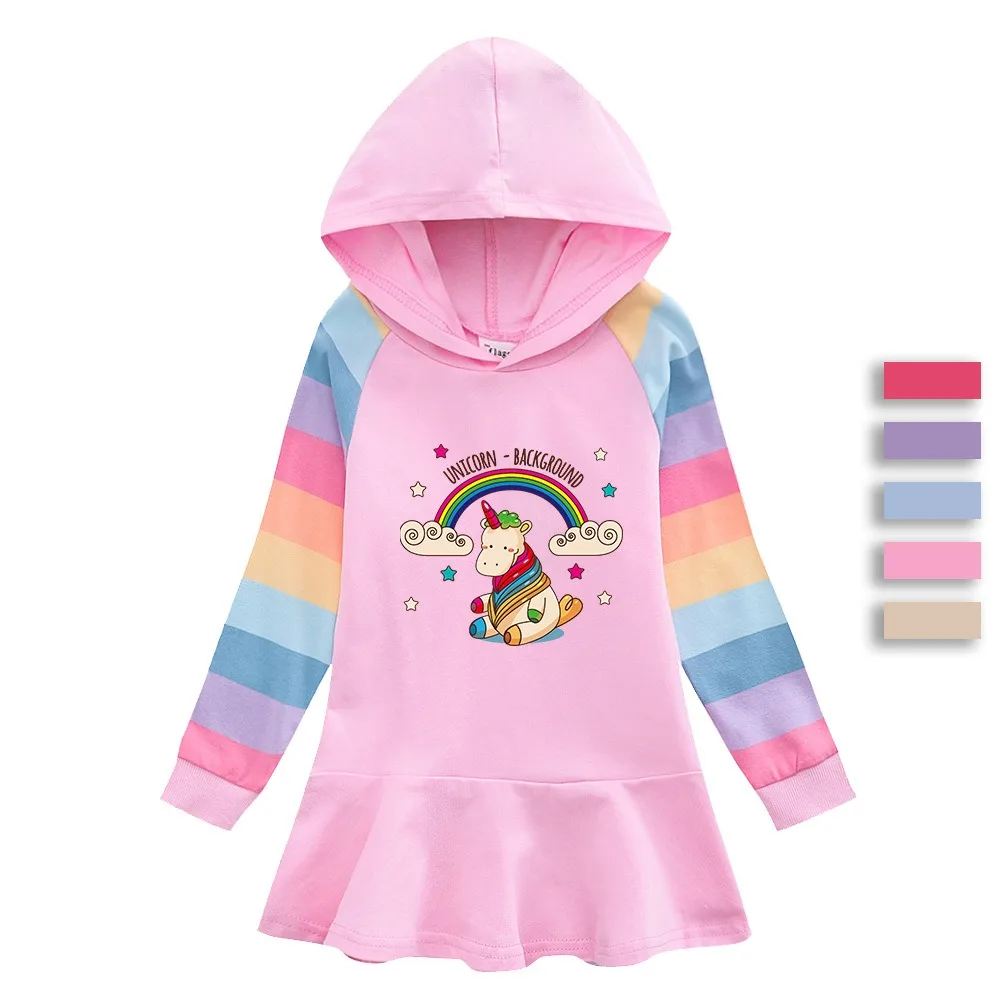 Girls Dress Spring Unicorn Quality Cotton Autumn Fashion Clothing for Children Pink Long Sleeve Kids Clothes Hooded Rainbow