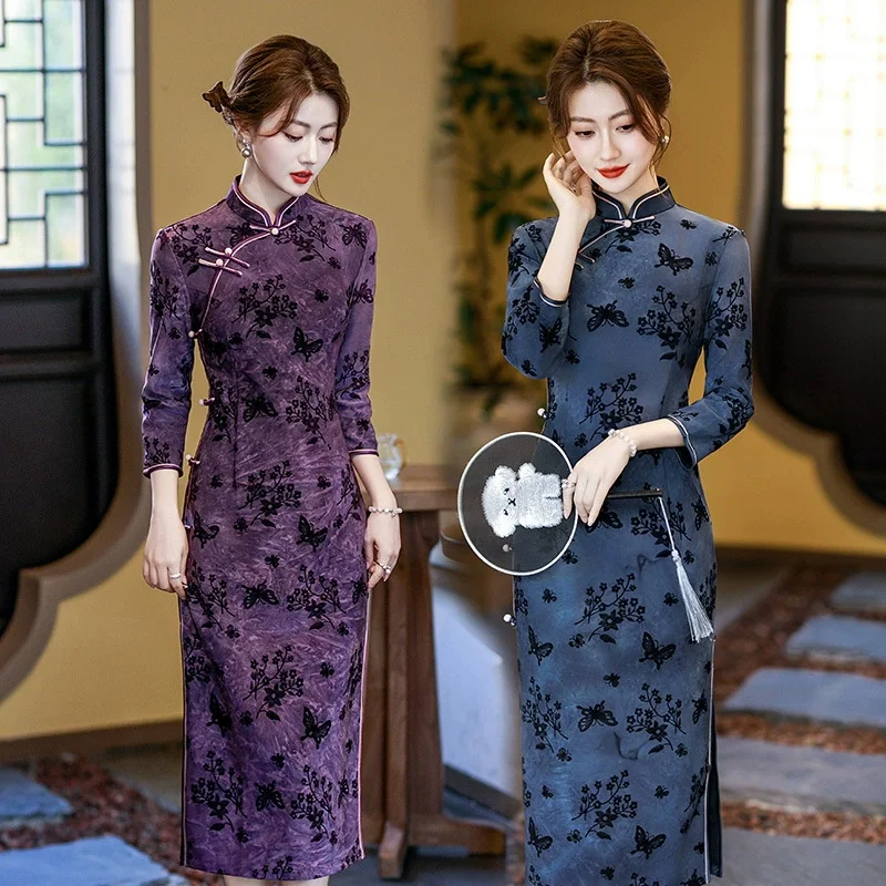

Sexy Velour Cheongsam Elegant Flower Butterfly Qipao Chinese Style Dress Green Tradition Mandarin Collar Qipao Long Vestidos