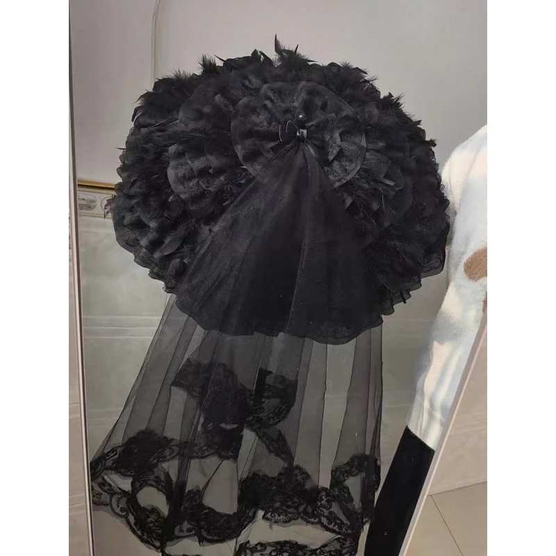 Handmade Black Feather Umbrella With Detachable Tulle Decorative Party Shooting Prop Umbrella