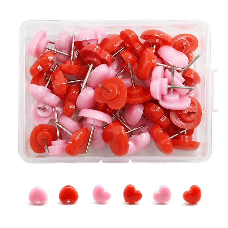 50pcs/box Plastic Heart Pins Cork Board Safety Mixed Color Push Pins Thumbtack Office Binding Supplies School Accessories 2024