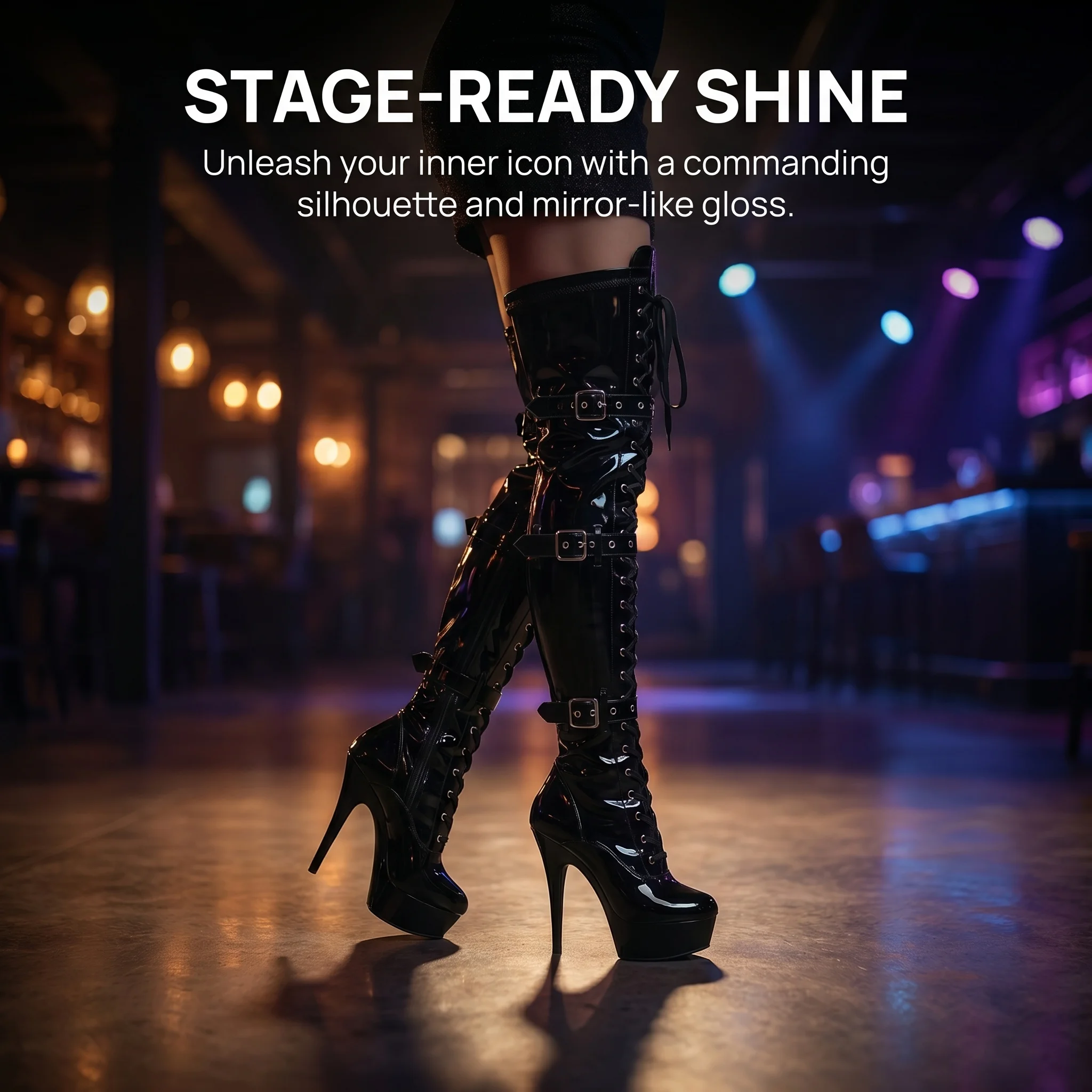15cm/6Inch Black Patent Platform High Heel Thigh High Boots Lace-Up Buckle Zipper Non-slip Gothic Performance Pole Dance Ladies