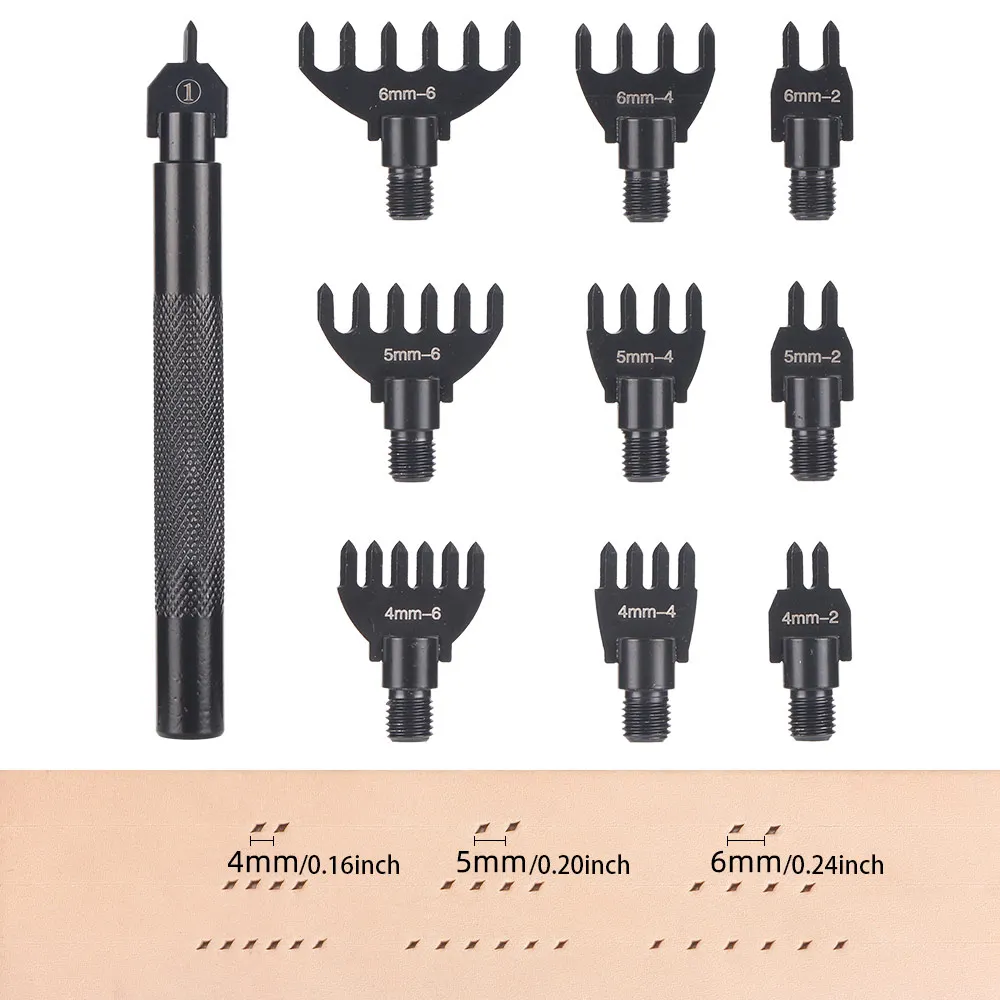 4/5/6mm  Leather Craft Punching Tool Set, Interchangeable Head Leather Stitching Hole Punch Kit (2/4/6 Teeth)