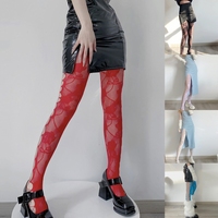 Women Punk Colorful Fishnet Pantyhose Side Crisscross Hole Rose Flower Patterned Tattoo Tights Sexy Sheer Mesh Stockings Clubwea