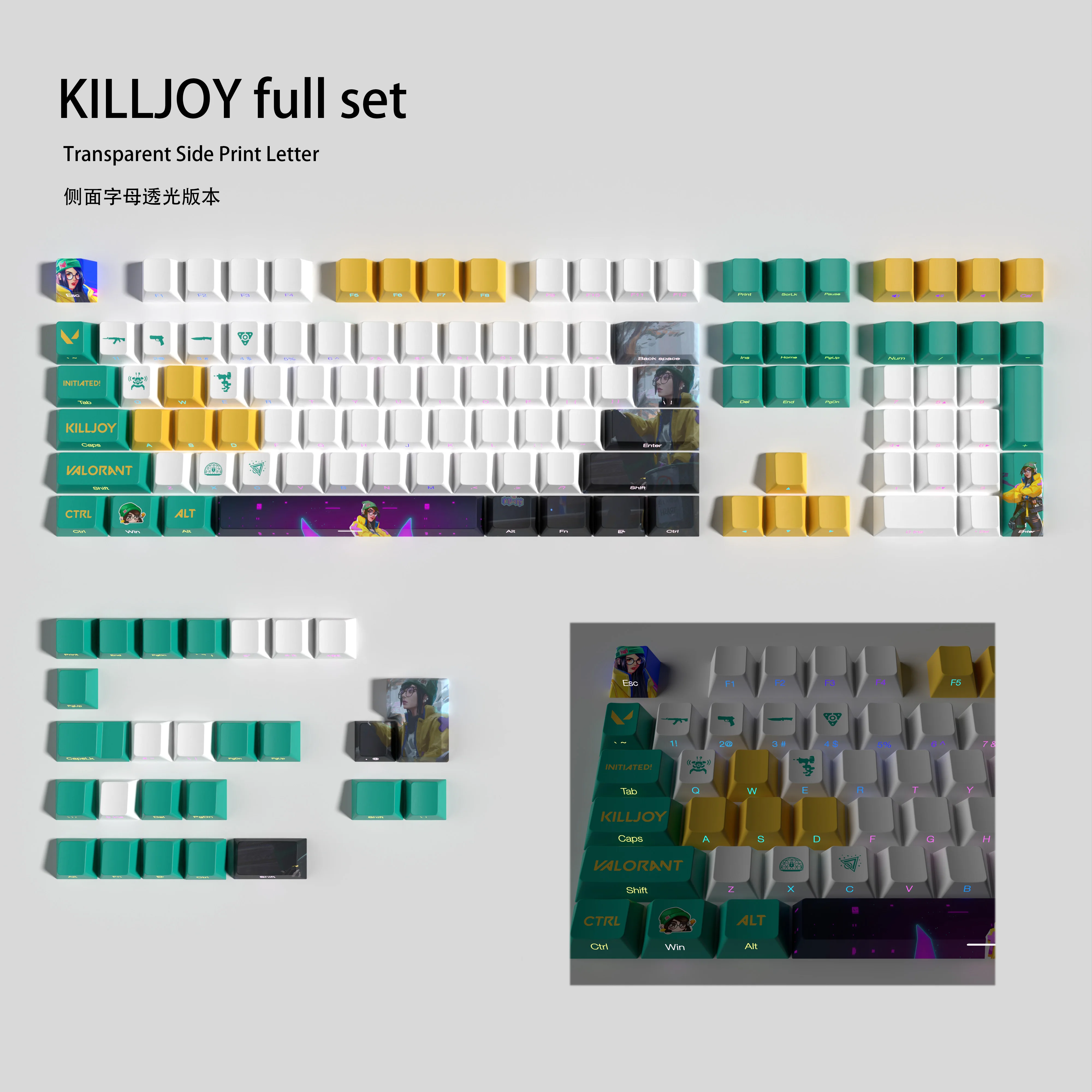 kILLJOY keycaps VALORANT full set cherry Profile Transparent Side Print Letter PBT dye sub keycaps game keycaps