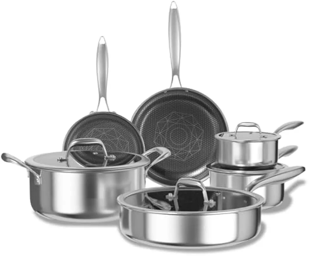 10Pcs Hybrid Nonstick Pots Pans Set Stainless Steel Cookware Non Toxic Pfoa Free Dishwasher Oven Safe All Cooktop Compatible Sta