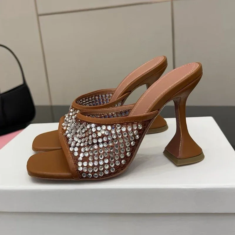 Slippers Summer Bling Bling Rhinestone Square Toe High Heel Women Mesh Hollow Out Roman Sandals Banquet Dress Shoes Lazy Shoes