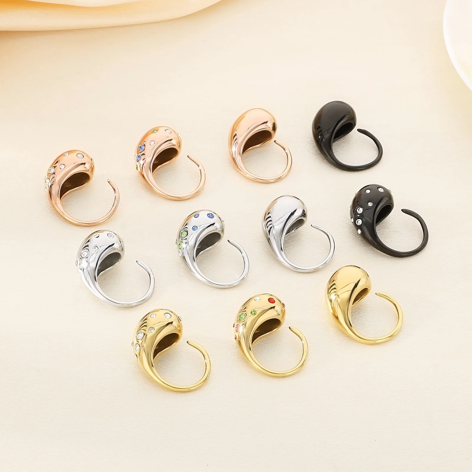 PVD Thick Waterdrop Multicolour Rhinestone Openable Ring Stainless Steel Pearl Glossy Indie Women Rings Designer Vintage Jewelry