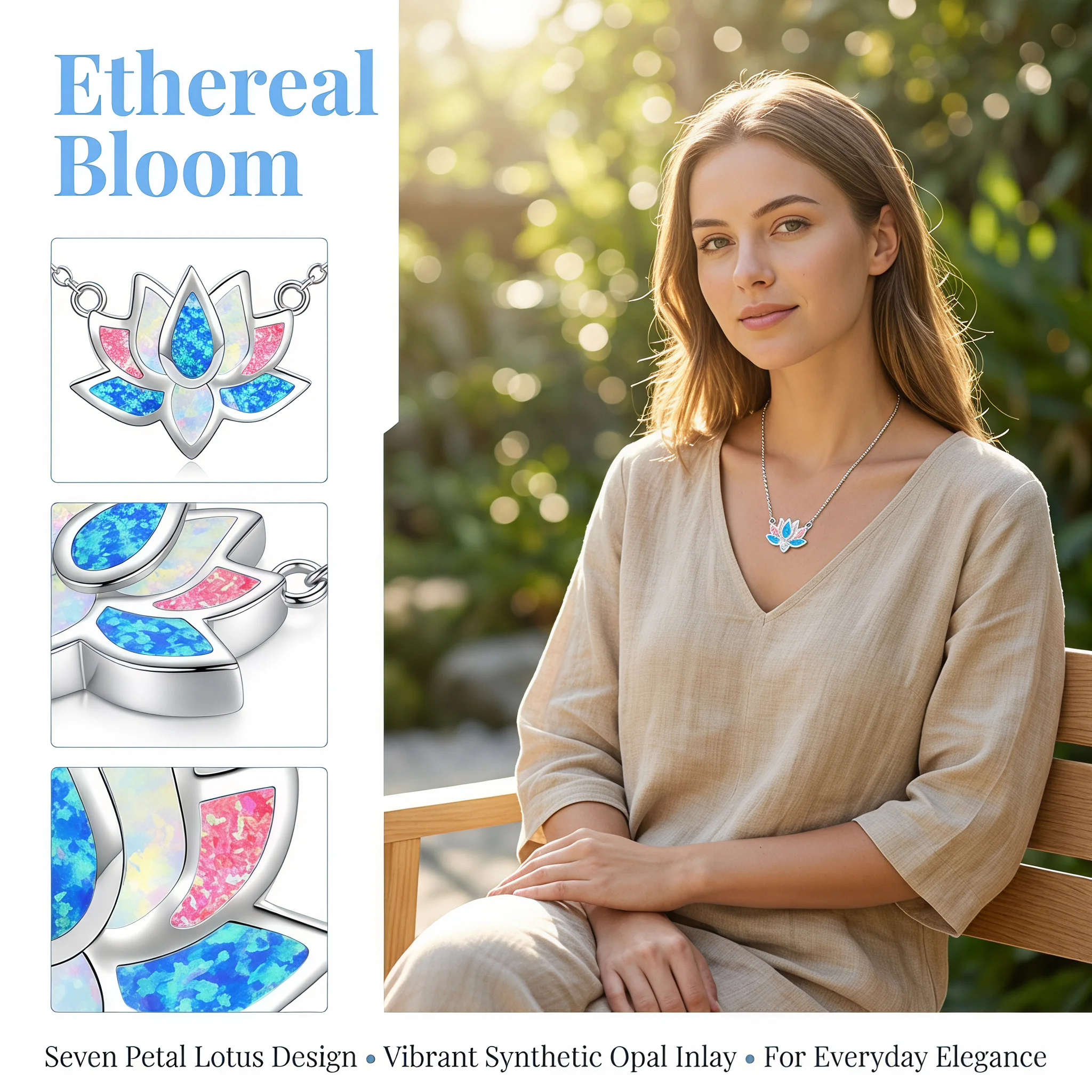 Zierliche Halskette mit Lotusblüten-Anhänger, Liebesherz-Design mit weißem Opal und silberfarbener Kette, Valentinstags-Geburtstagsgeschenk für Frauen – Detail 2