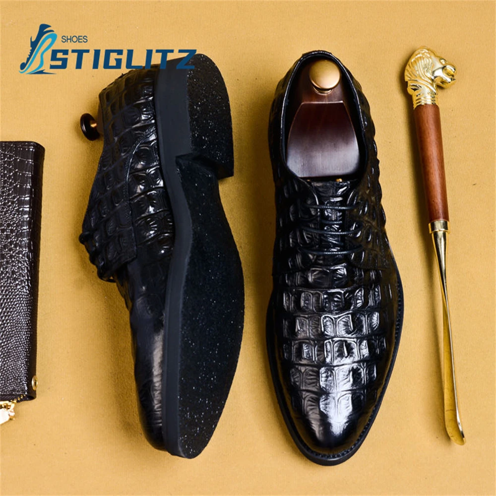 Embossed Crocodile Lace Up Oxfords Round Toe Shallow Genuine Leather Loafers Men\'s Business Formal Wear Shoes Men\'s Casual Shoes