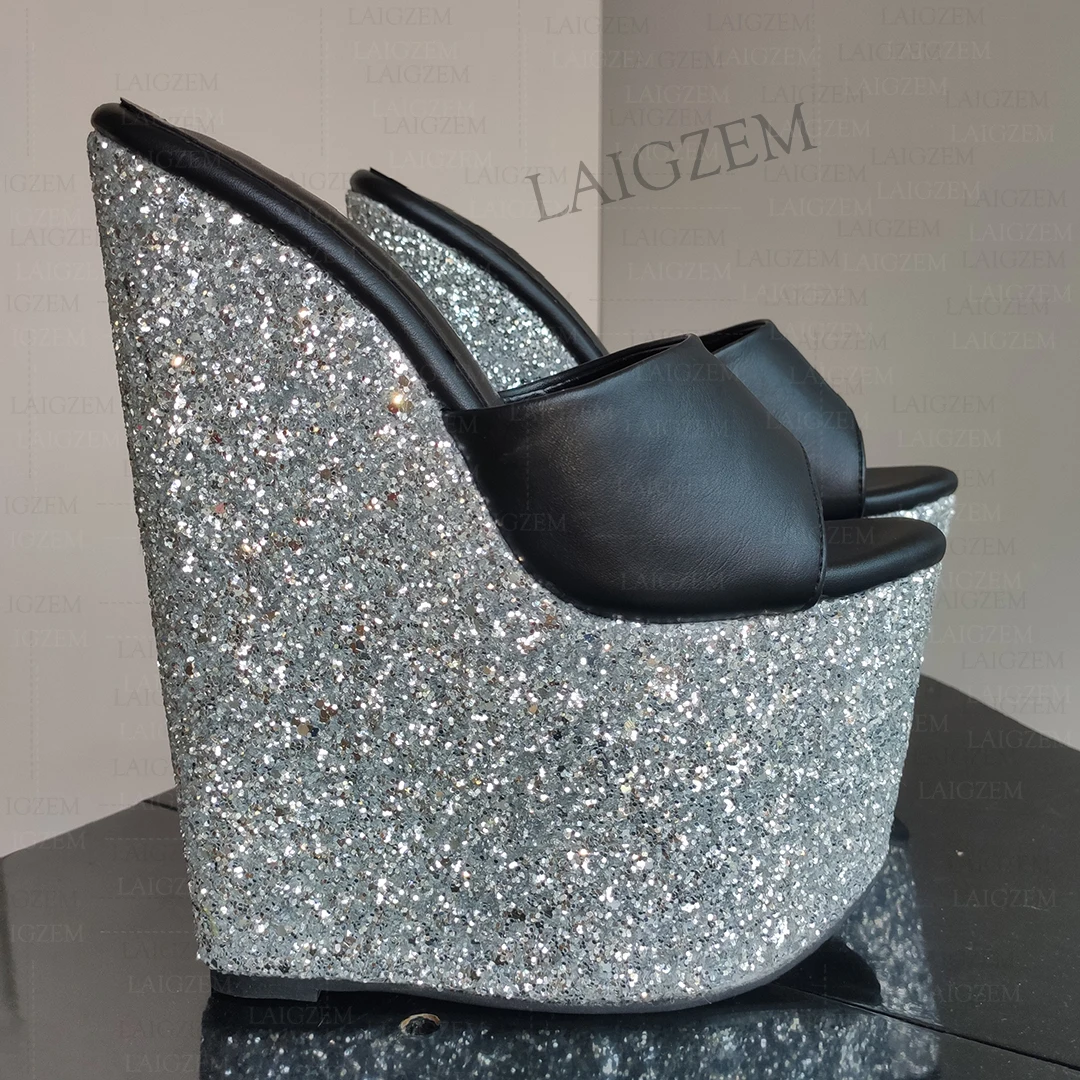 

SEIIHEM Women Pumps Platform Slip On Wedges 20CM High Heels Mules Bling Glitter Ladies Handmade Shoes Woman Big Size 38 43 45 48