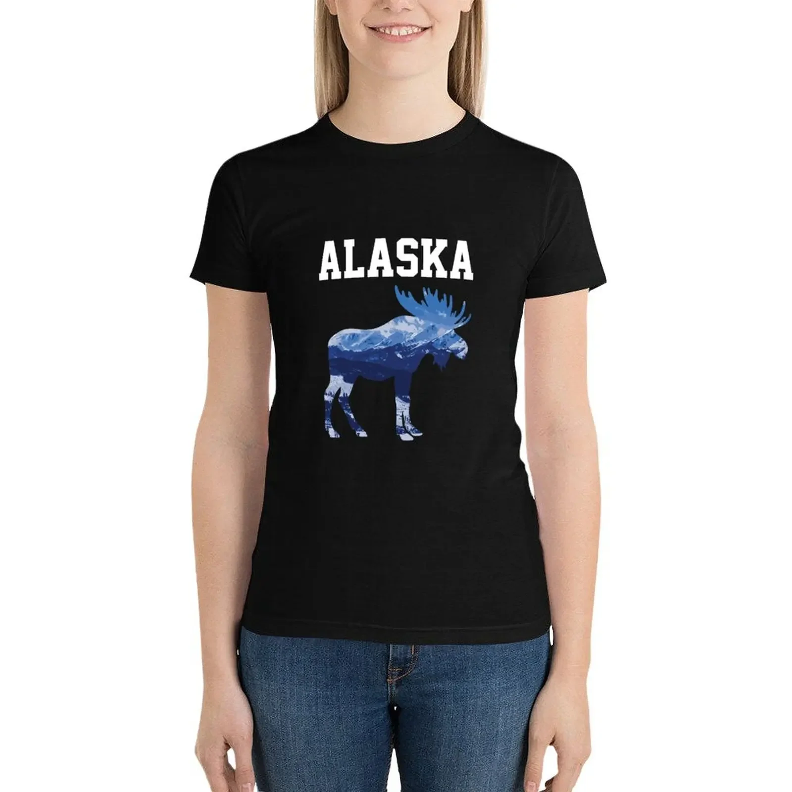 

Alaska Pure Nature Mountains Alaskan Moose Gift T-Shirt lady clothes Short sleeve tee graphics t shirts for Womens