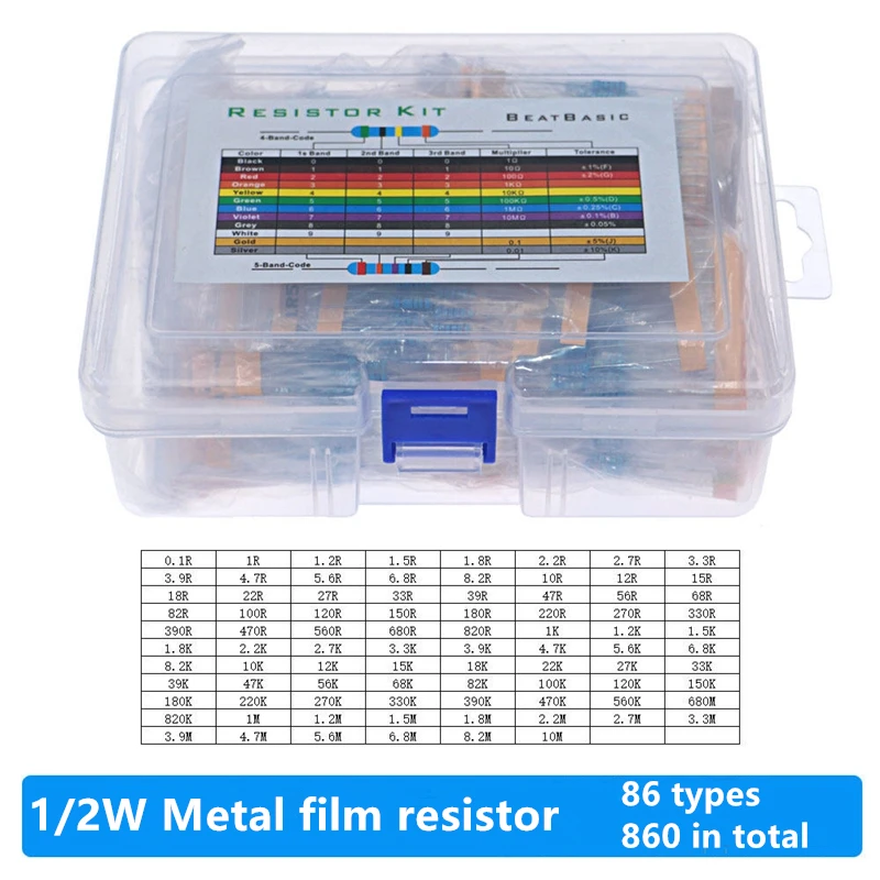 

860 штук по 86 типам распространённых металлических пленочных резисторов, 1/2 Вт, прямое включение, смешанные пятицветные кольца, 10 штук каждого типа.