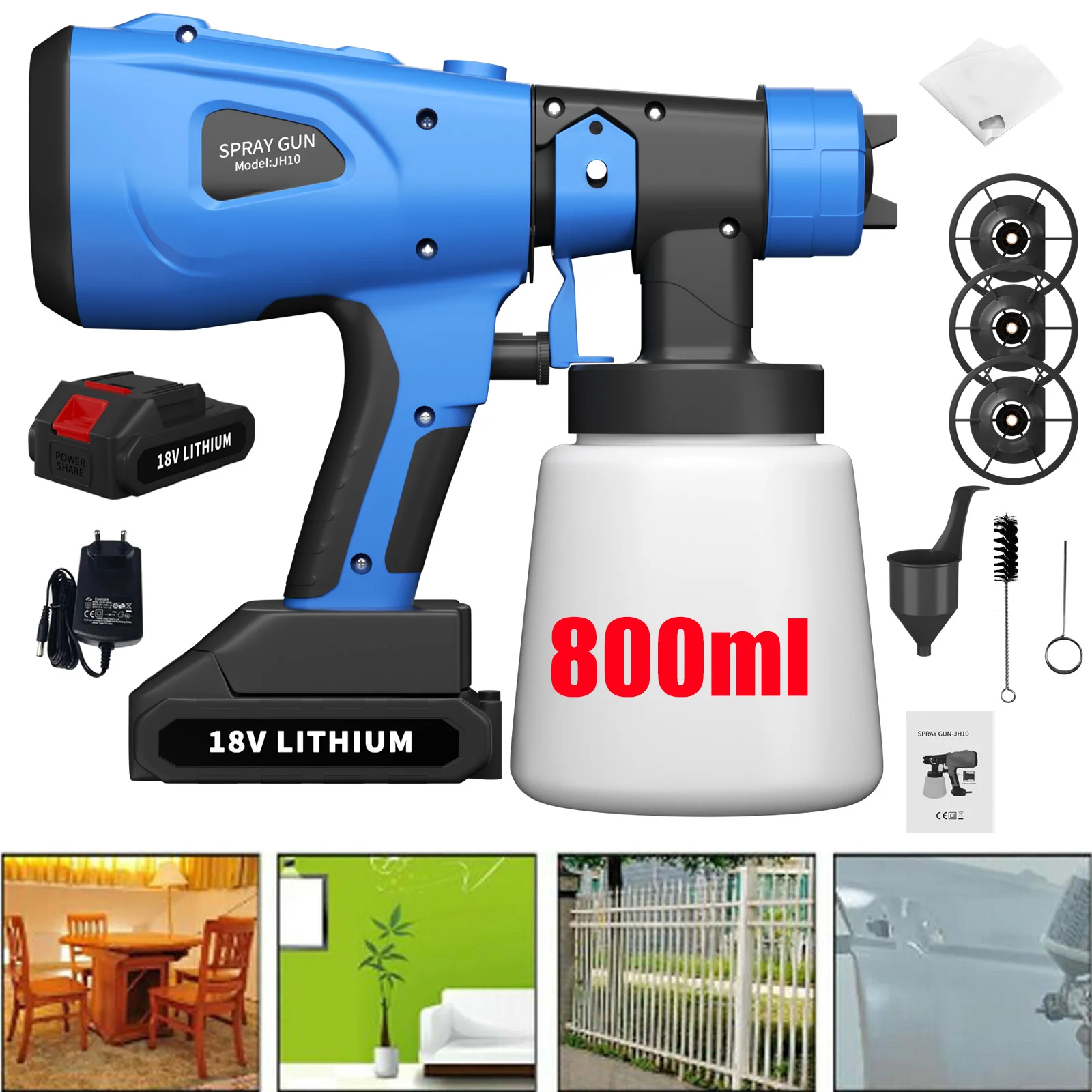 DayPlus Cordless Paint Spray Gun 1000ml 3 Patterns Fence Paint Sprayer Powerful Electric HVLP Spray Gun for Painting Ceiling