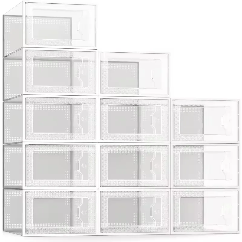 Large 12 Pack Shoe Storage Box, Clear Plastic Stackable Shoe Organizer for Closet, Space Saving Foldable Shoe Rack Sneaker