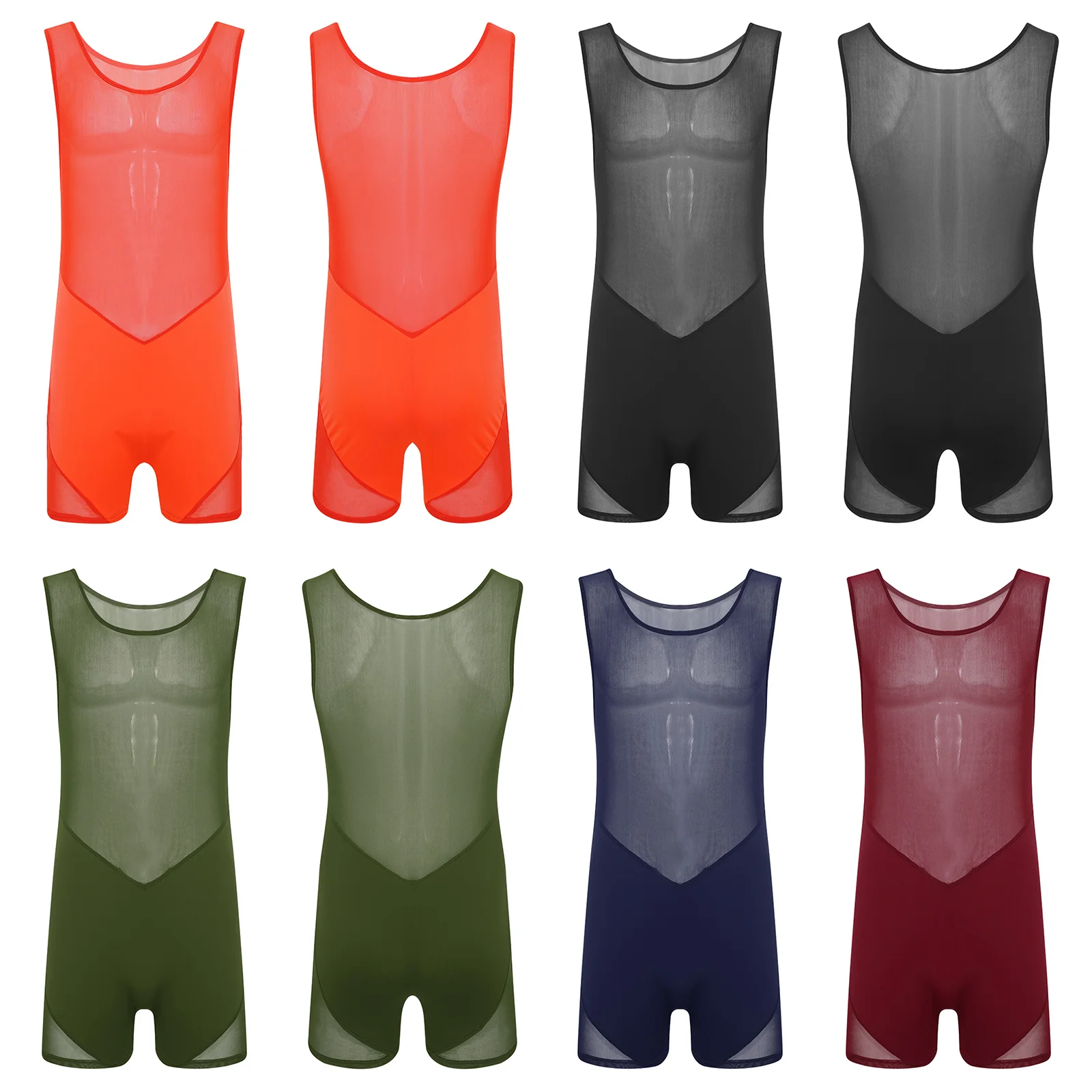 Sexy Men Undershirts Breathable Wrestling Bodysuit Sleeveless Mesh Rompers One Piece Jumpsuit for Sports Bodybuilding Fitness