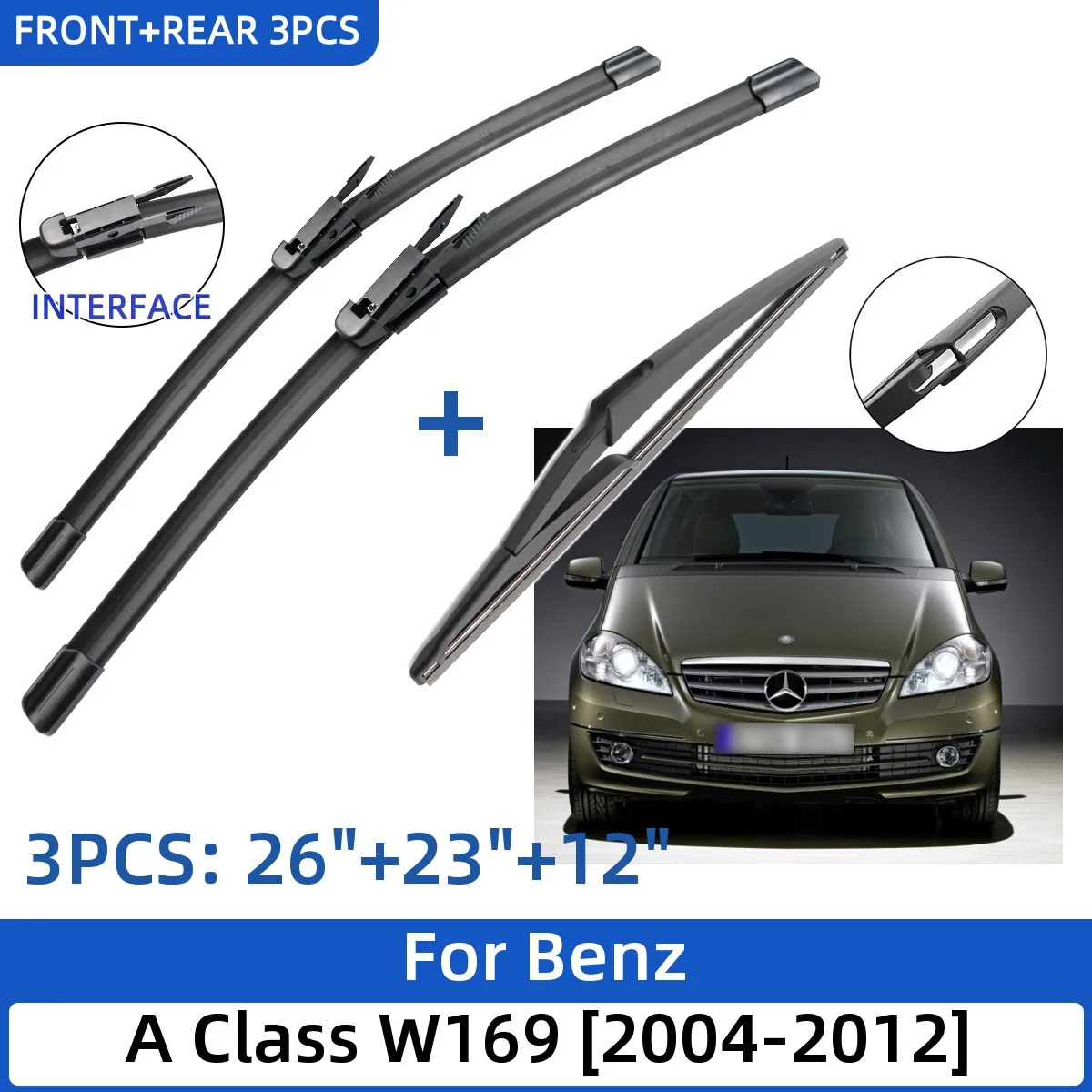 

For Benz A Class W169 2004-2012 26"+23"+12" Front Rear Wiper Blades Windshield Windscreen Window Cutter Accessories 2011 2012