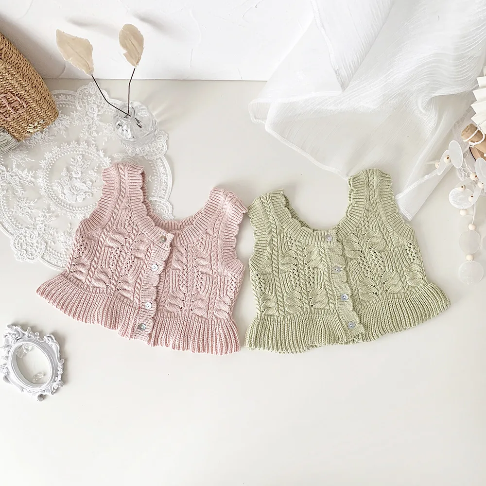 

Jenny&Dave Spring and Autumn Cotton Baby Girls' Hollow Wool Knitted Pullover Vest Deep Collar Front and Back Short Open Front Ve